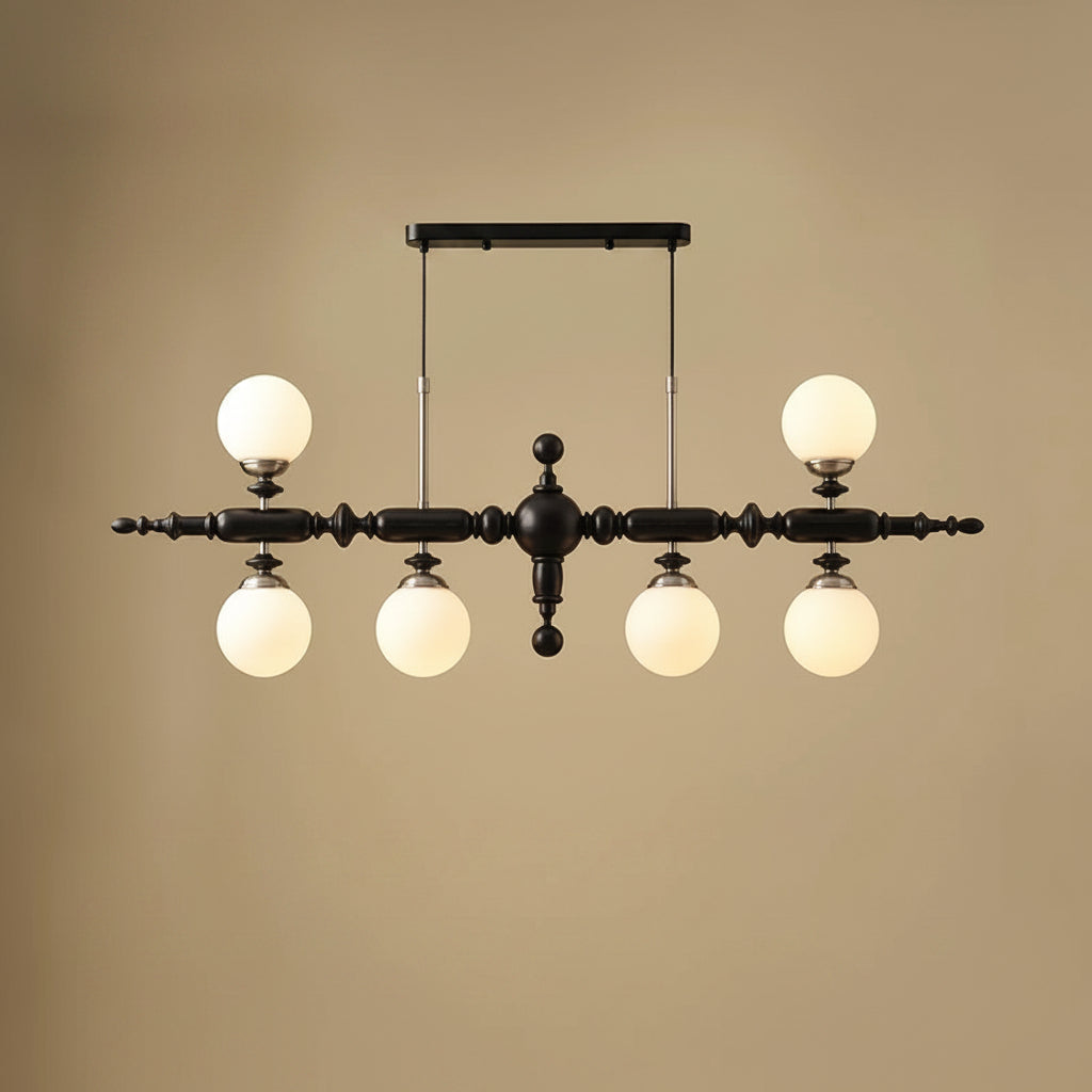 Black linear spindle-ball chandelier with 4 frosted glass globe lights
