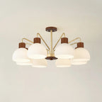 8-light multi-arm dome chandelier with ribbed white glass shades and dark walnut caps