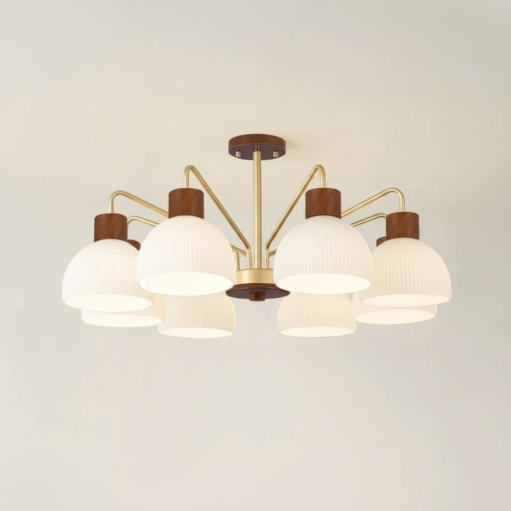 8-light multi-arm dome chandelier with ribbed white glass shades and dark walnut caps