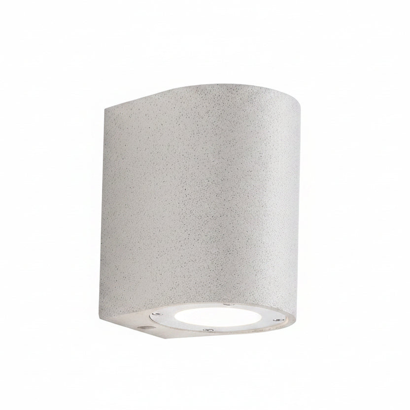 D-shaped wall light with speckled light-gray housing and round recessed LED