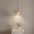 Layered pendant light with travertine-toned wood-and-stone ring shade