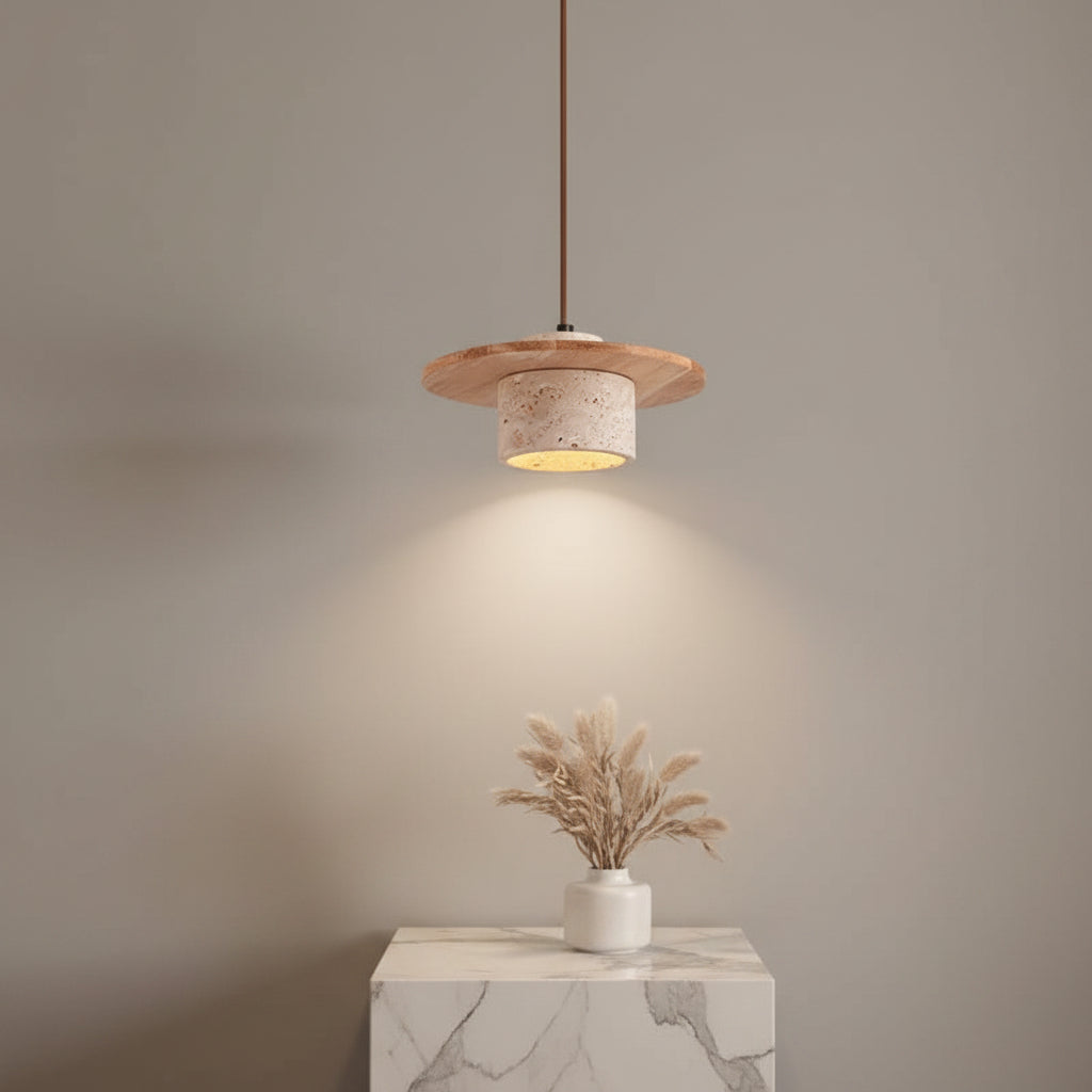 Layered pendant light with travertine-toned wood-and-stone ring shade
