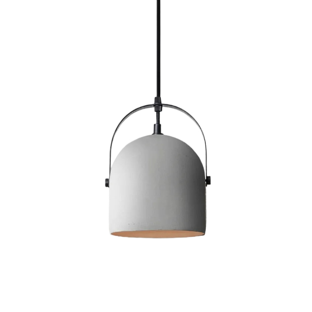 Gray bell pendant light with black metal arch and warm gold interior.