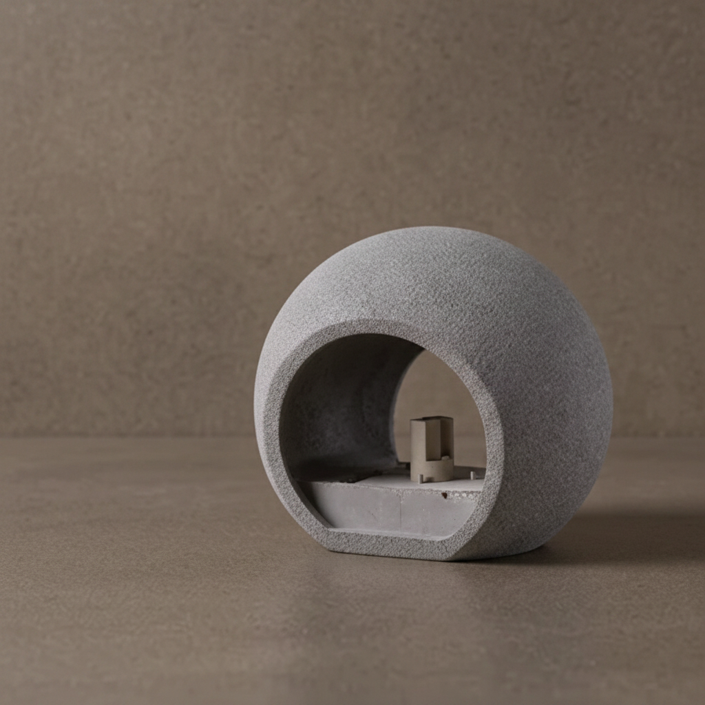 Oval concrete wall light with textured globe shade, niche view of lamp base