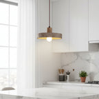 Kivor round travertine pendant light with warm lit shade and wooden ceiling mount