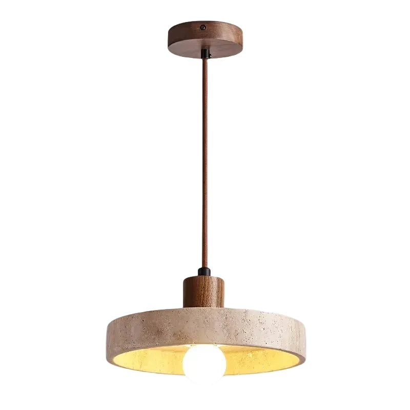 Kivor round travertine pendant light with wooden top and warm glowing bulb