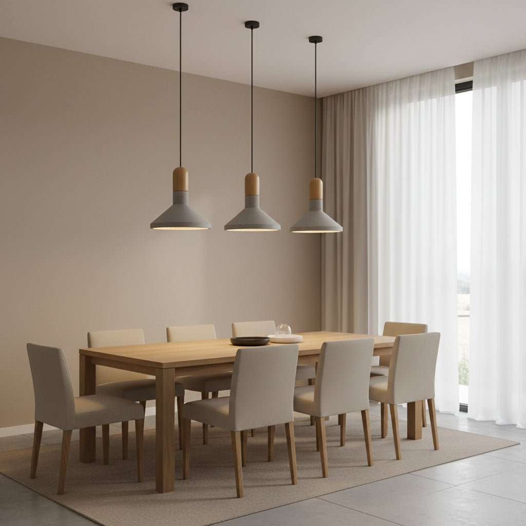 Conical pendant light set with gray metal shades and wood-toned caps on black cords