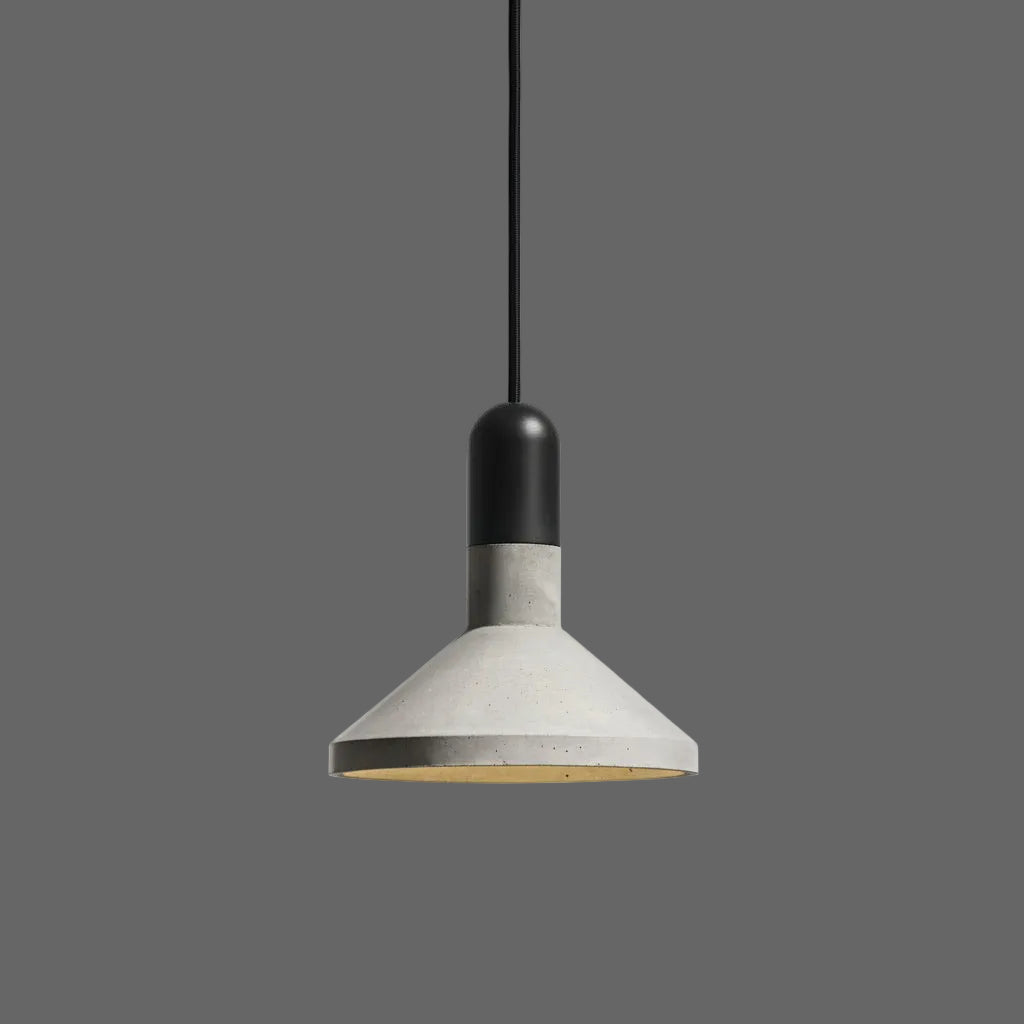 Conical pendant light with black top cap and gray metal shade with warm glow