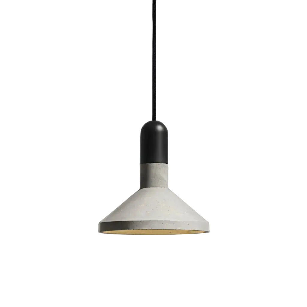 Conical pendant light with black top cap and cream metal shade