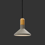 Conical pendant light with wood top and cream metal shade