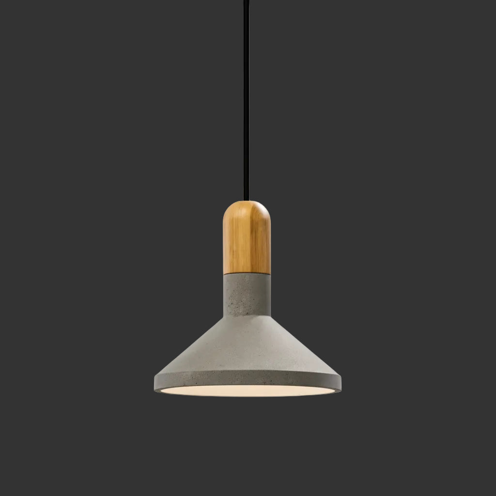 Conical pendant light with wood top and cream metal shade