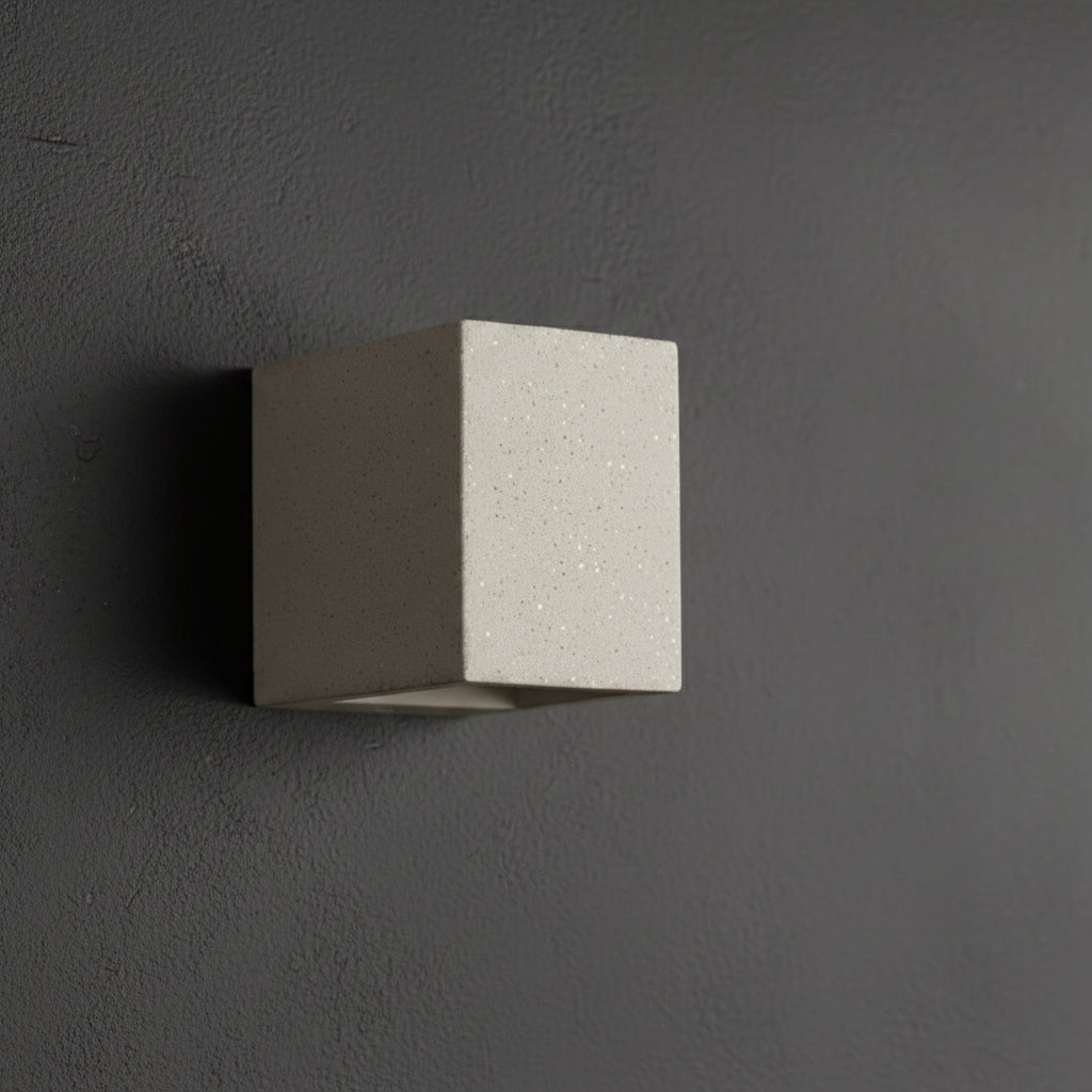 Concrete cube wall light, sand white cube with textured speckled front surface