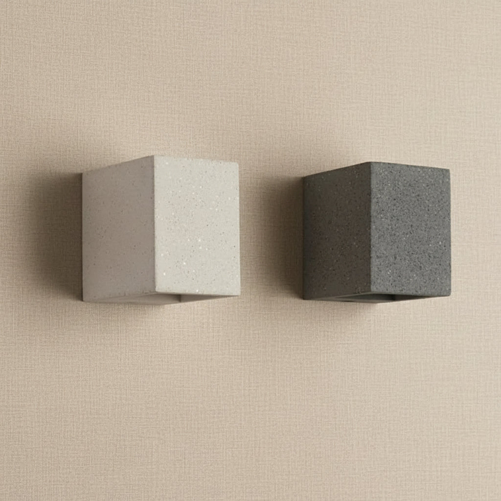 Concrete cube wall light, sand white and sand black finishes with square shades