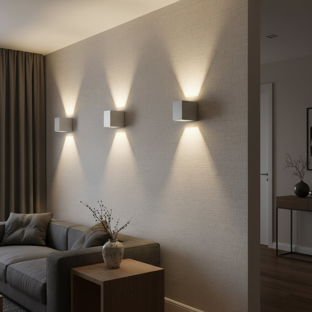 Concrete cube wall light fixtures with square shades, warm illumination on wall
